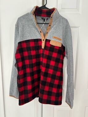 Simply Southern Red & Black Buffalo Plaid Fleece Pullover with Tan Accents